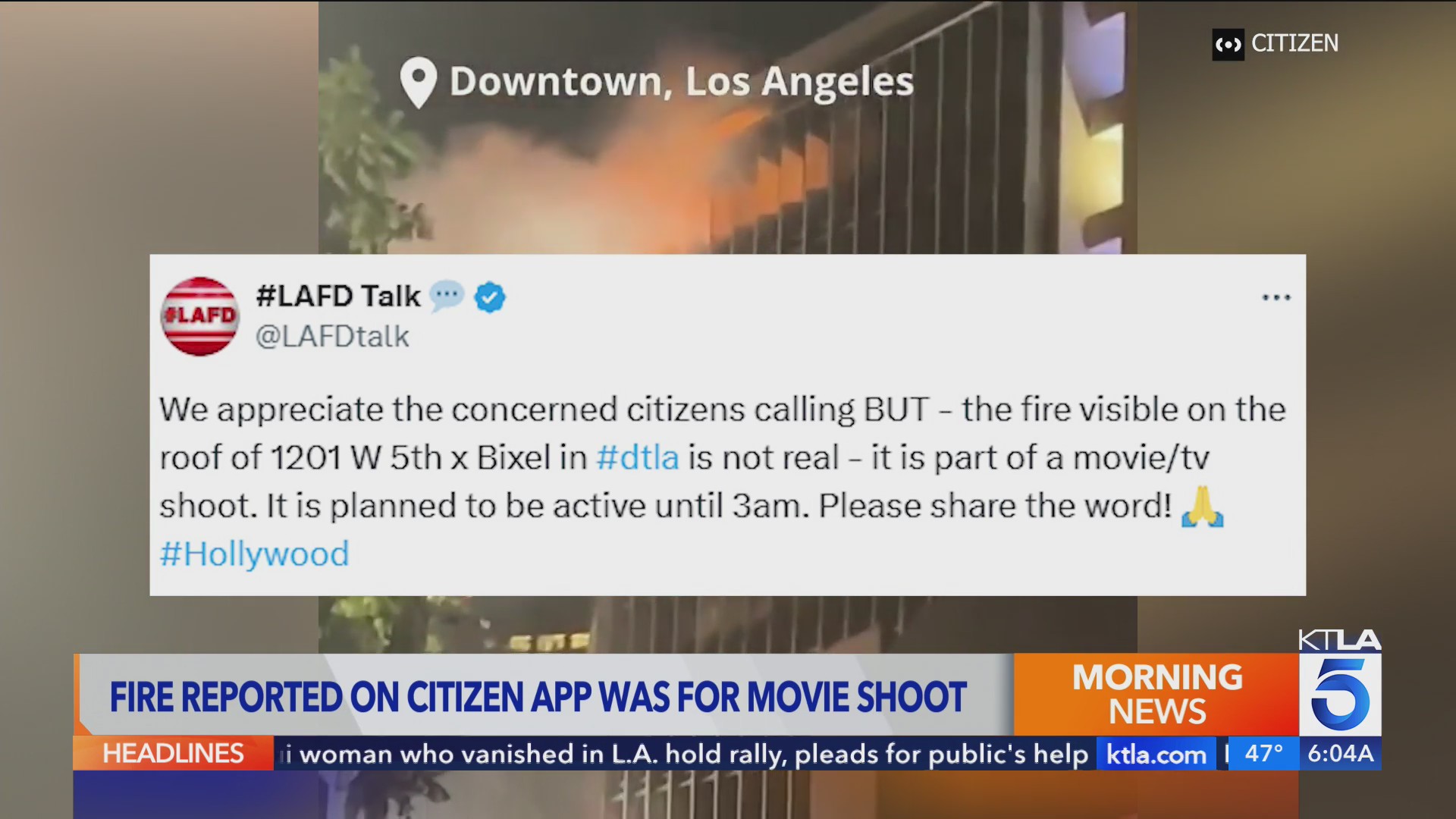 Fire reported in downtown Los Angeles was for a film shoot – KTLA