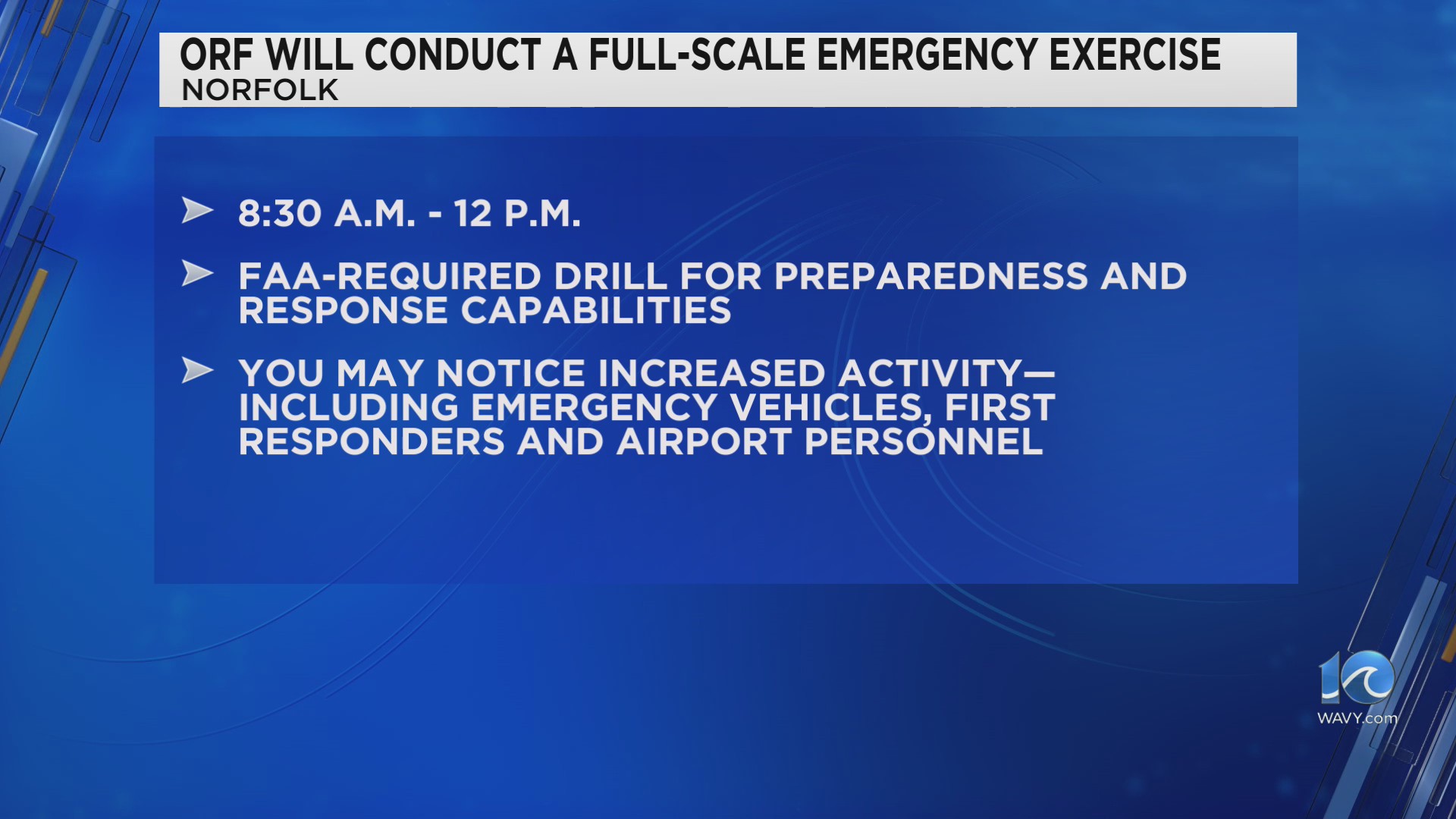 ORF to conduct full-scale emergency exercise – WAVY.com