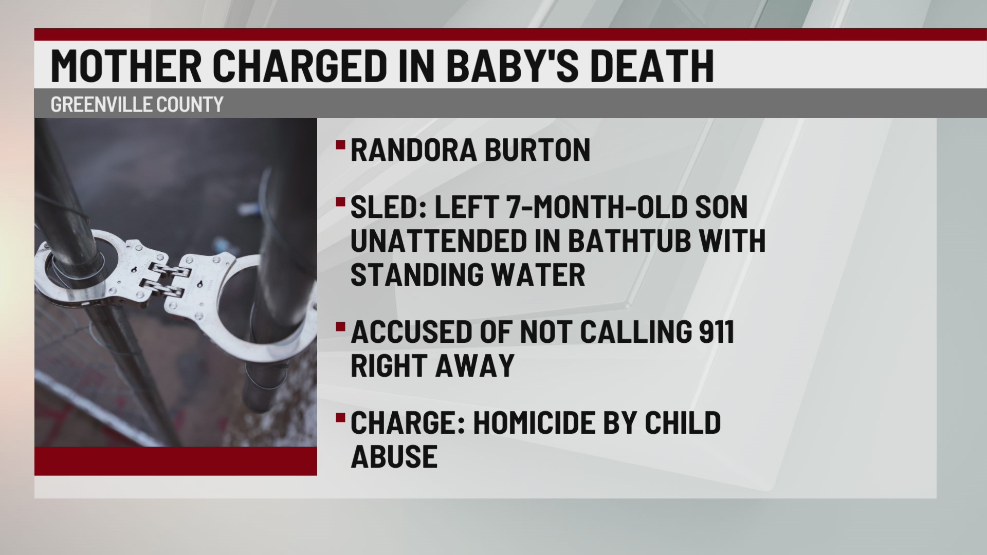 Mother arrested after infant drowns in bathtub at Upstate home – WSPA 7NEWS