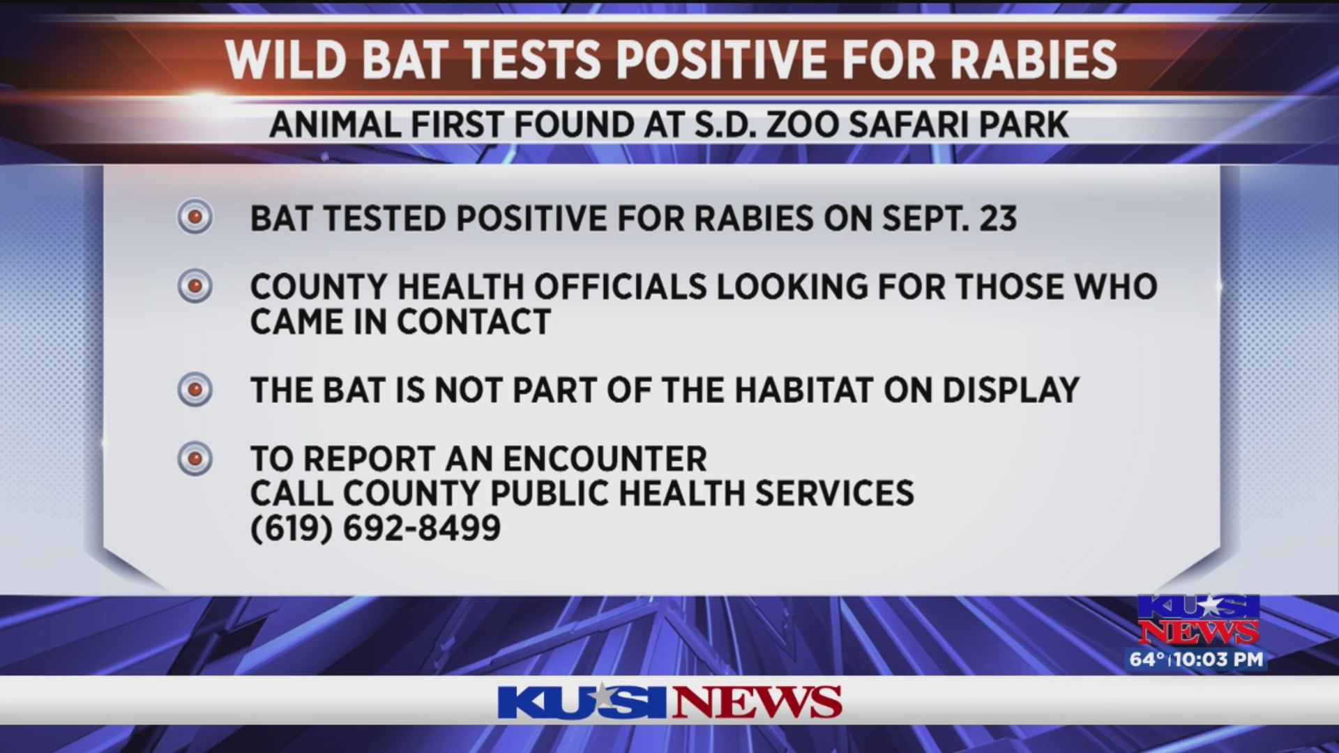 Wild bat found in San Diego Zoo Safari Park tests positive for rabies