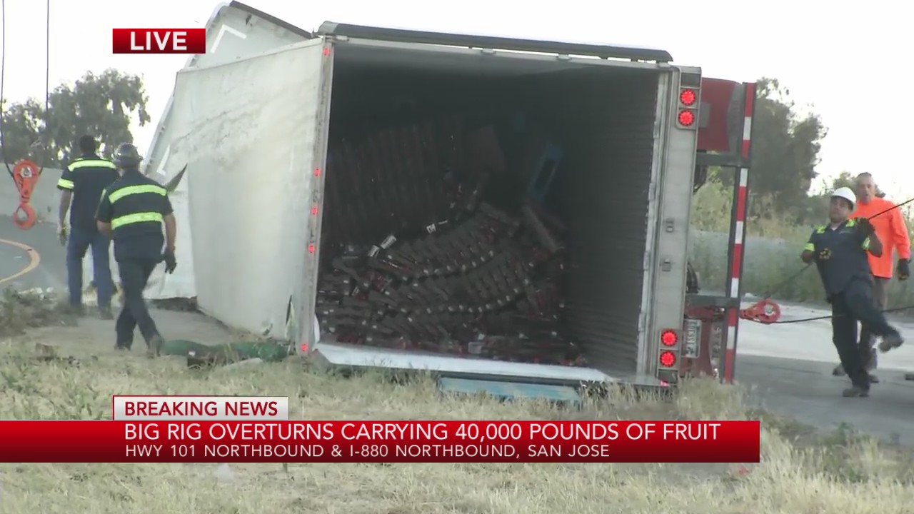 Big rig carrying 40K lbs. of fruit overturns on 101 connector in San ...