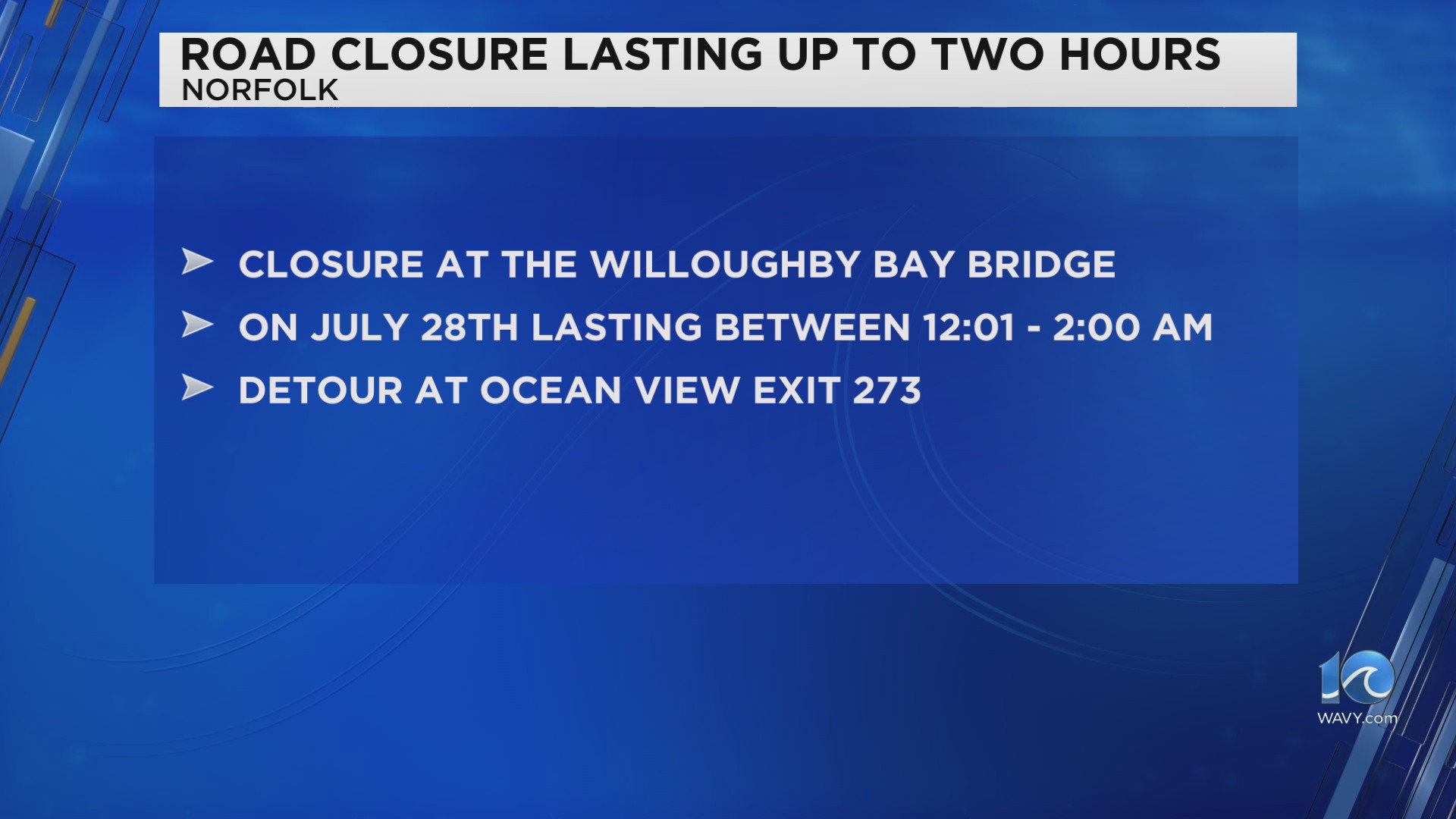 I-64 west closure at Willoughby Bay Bridge in Norfolk for sign removal ...