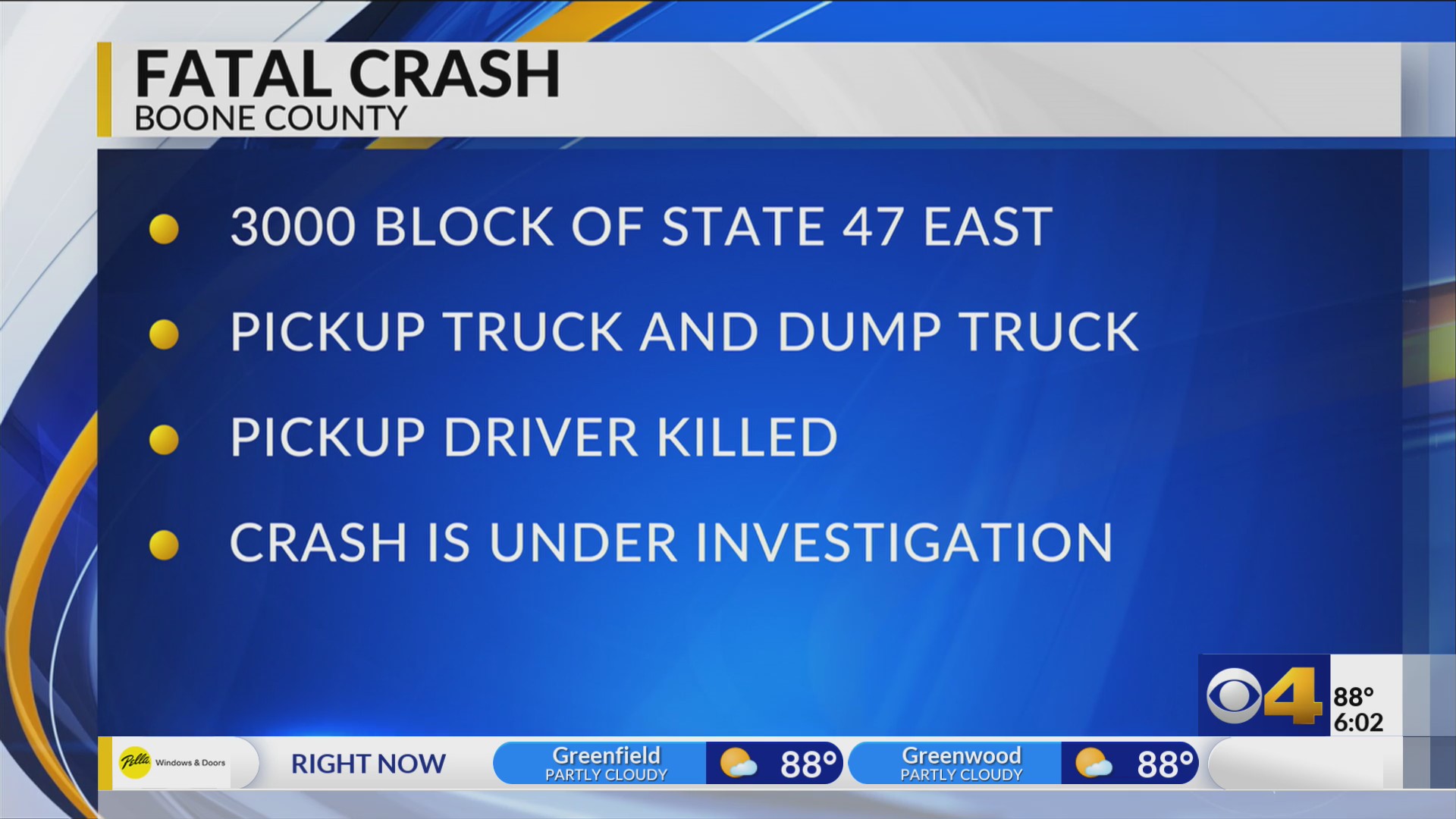 1 killed in car crash on State Road 47 in Boone County – Fox 59
