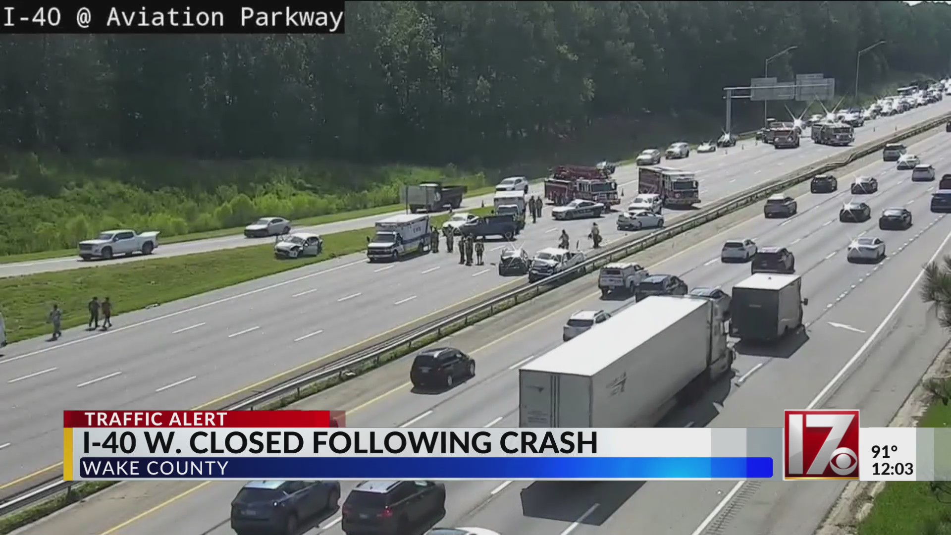 Crash shuts down I-40 West at Aviation Parkway in Wake County – CBS17.com