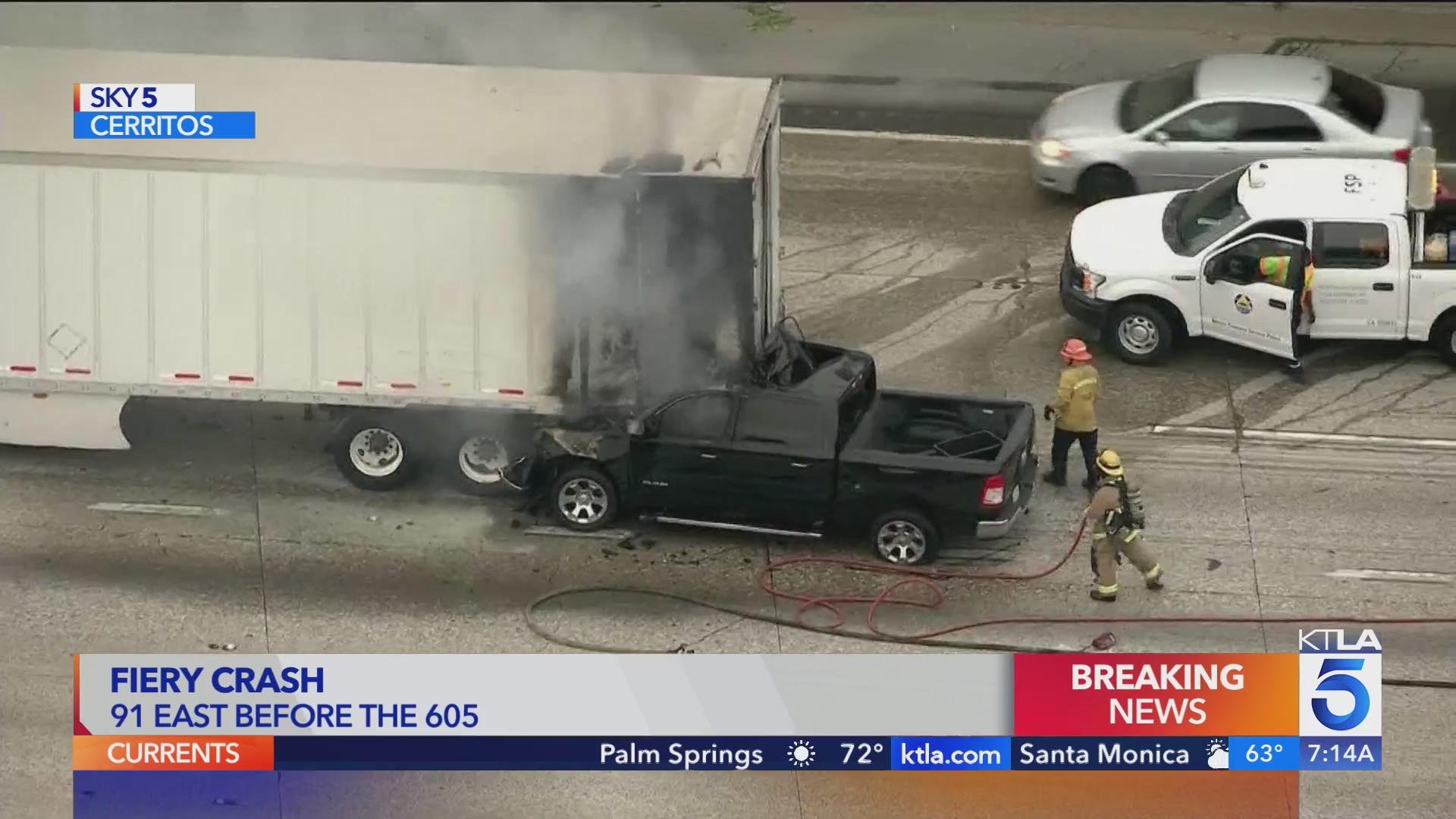 Truck gets pinned under big rig trailer in fiery crash on Los Angeles ...