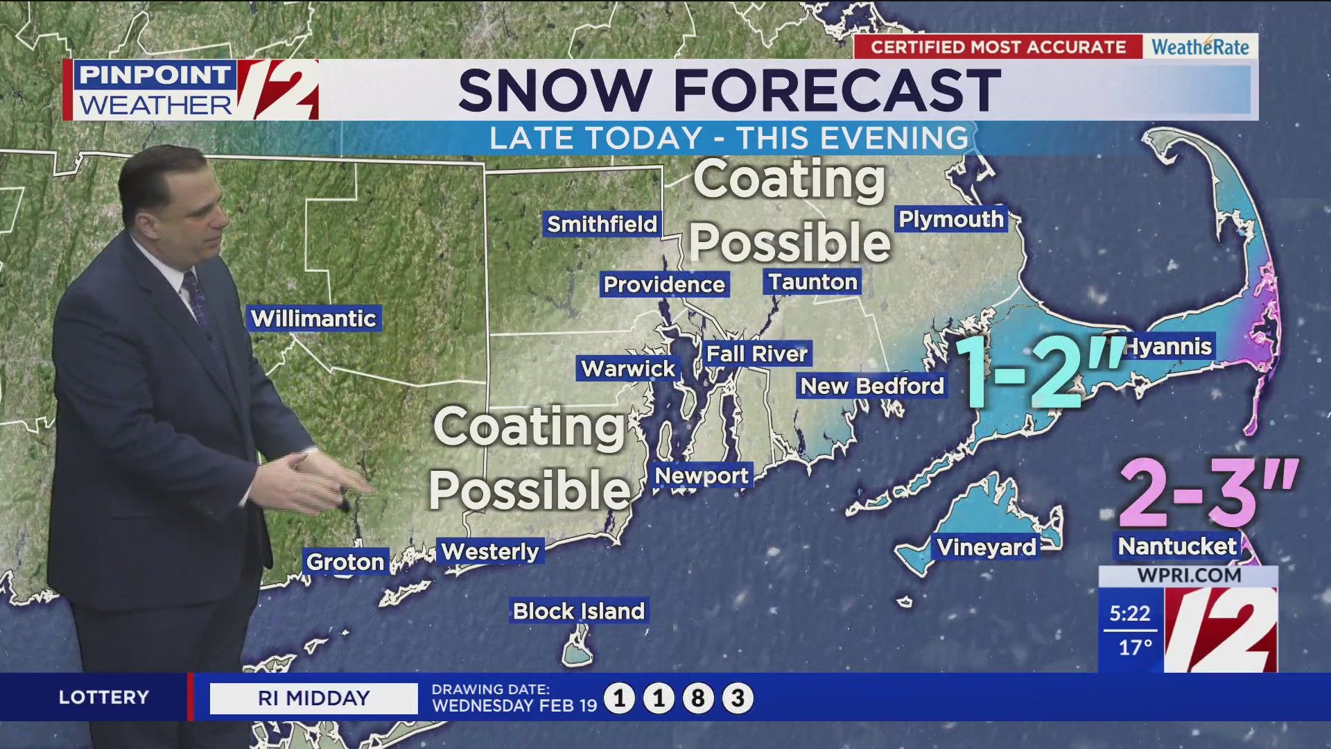 WPRI 12 Weather Forecast for 2/20/25: Light snow possible late today ...