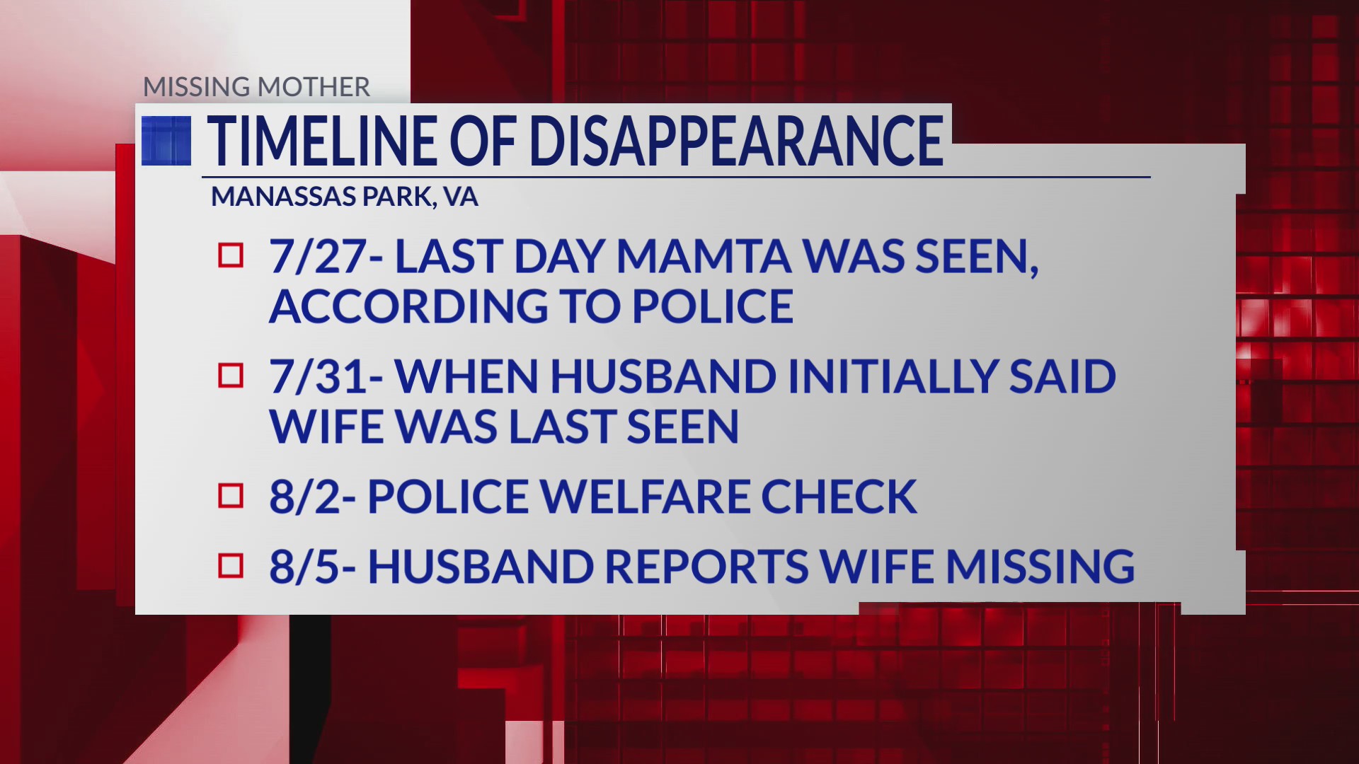 Missing Manassas Park mother: Timeline of her disappearance – DC News ...