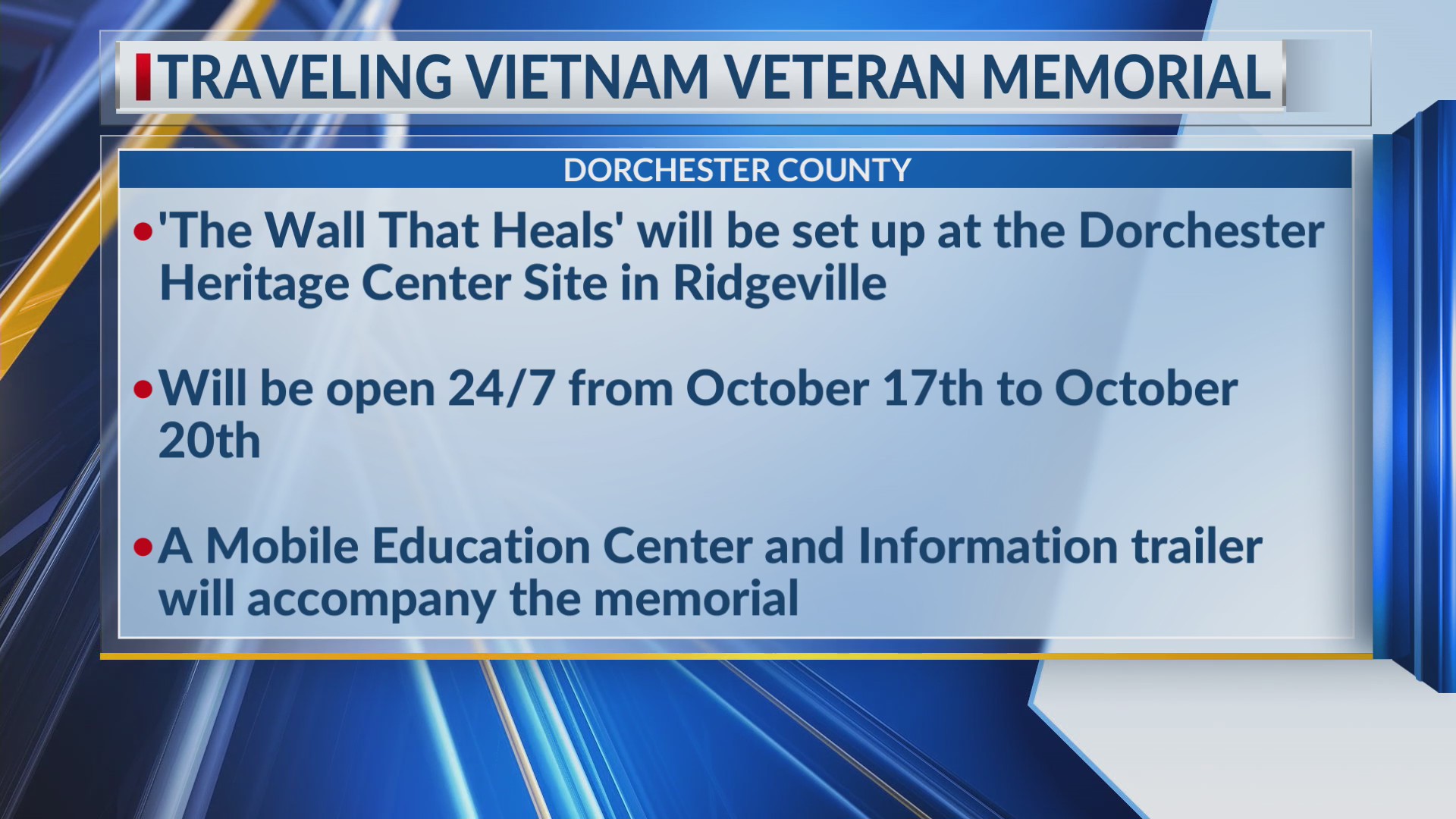 Traveling Vietnam veteran memorial coming to Dorchester County - WCBD ...