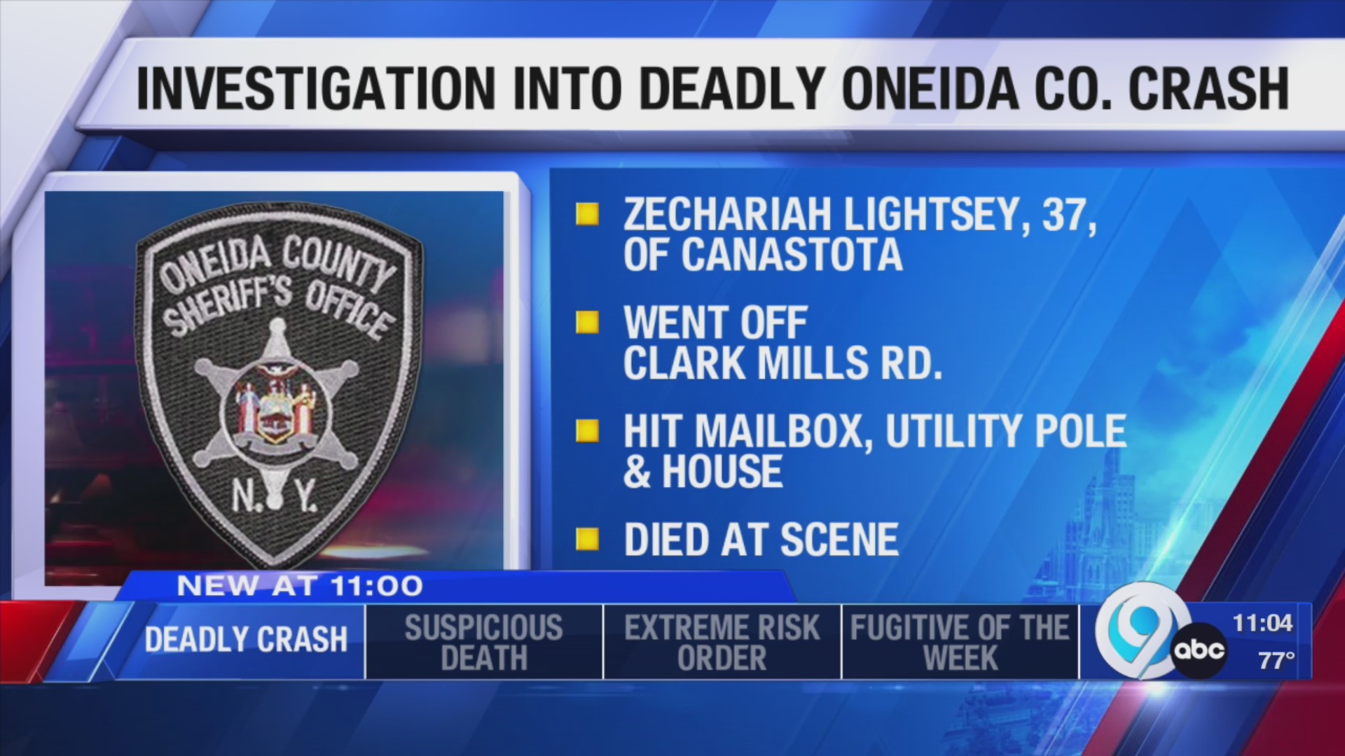 One person killed in single vehicle crash in Oneida Co. WSYR