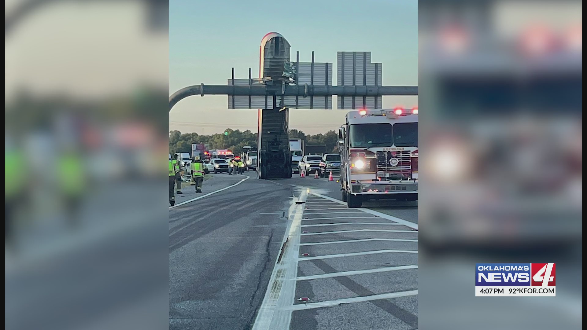 Sign Ripped Off Trailer ripped off truck after hitting highway sign – KFOR.com Oklahoma ...