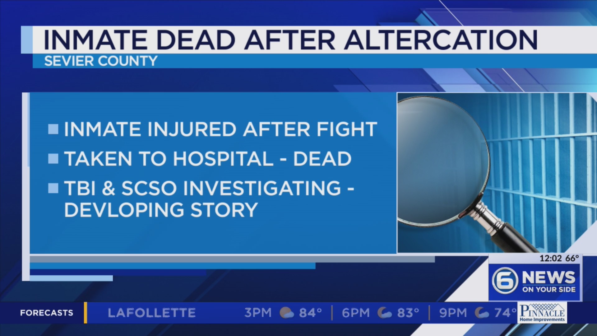 Sevier County inmate dead after ‘fist fight,’ TBI investigating – WATE ...