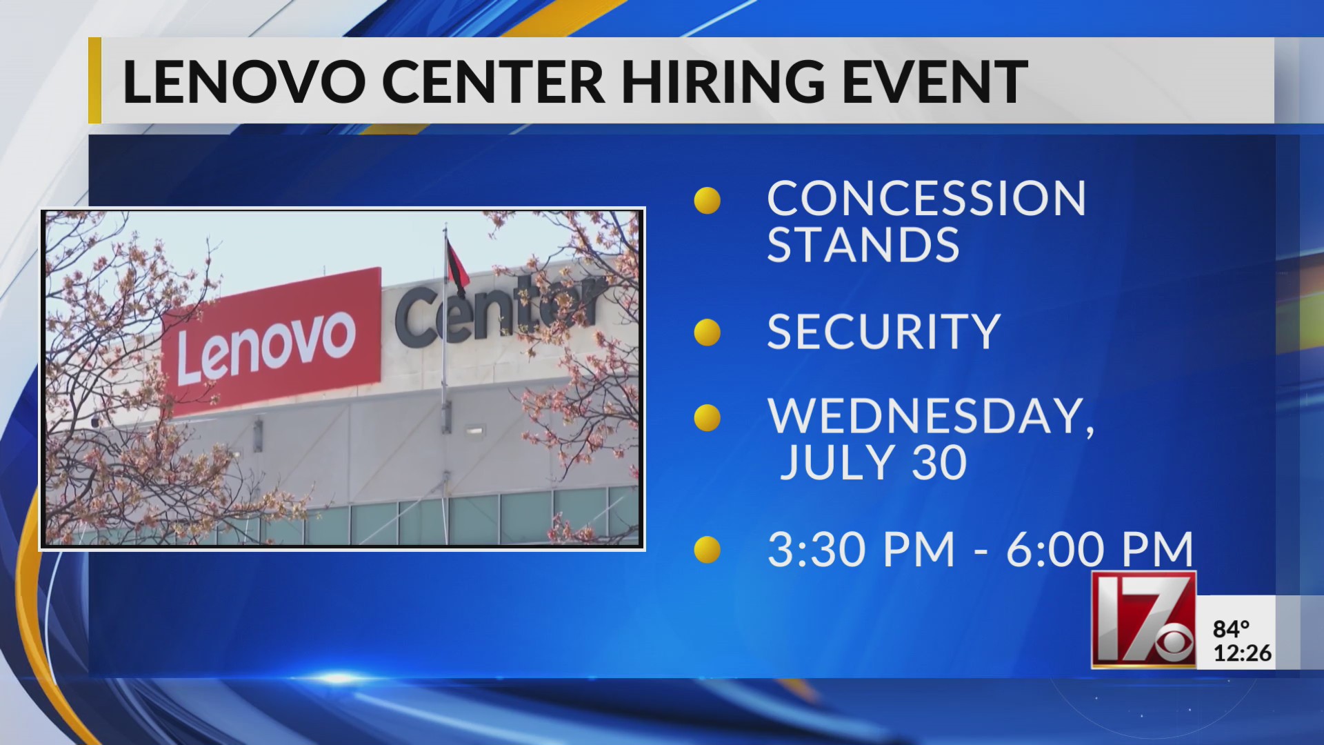 Lenovo Center to hire 300+ workers for games, concerts – CBS17.com