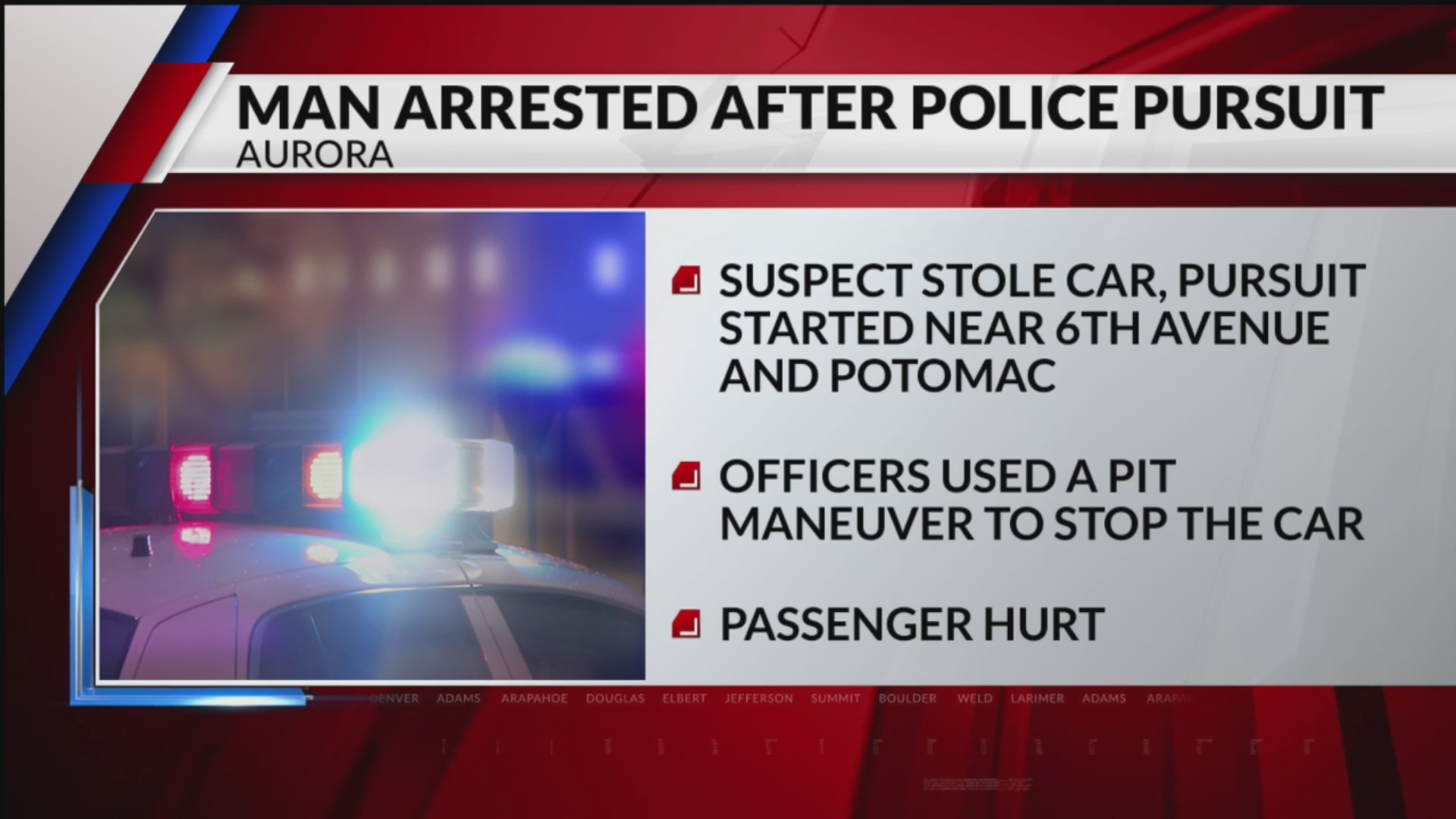 Police: Stolen vehicle pursuit ends in Aurora, driver in custody ...