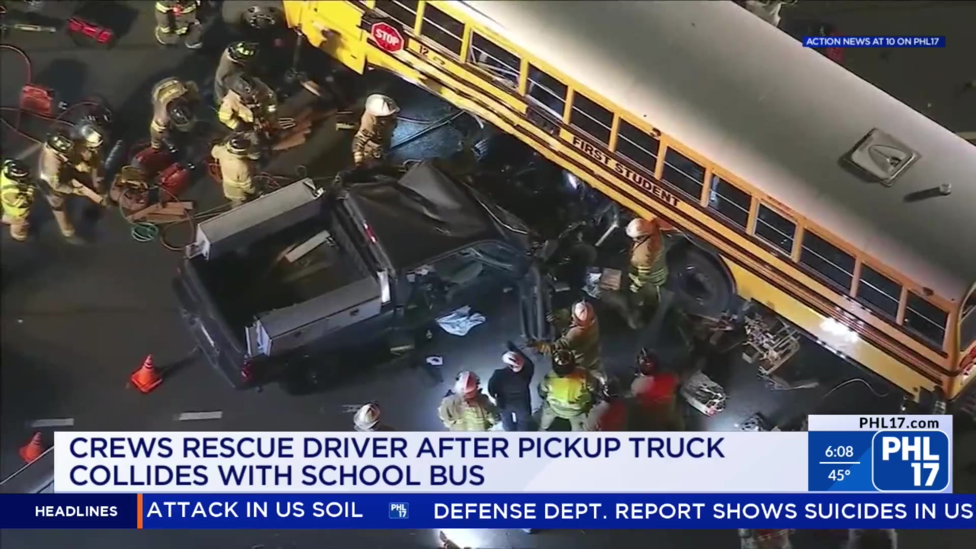 Crews save driver after school bus and pickup truck collide in Lower ...