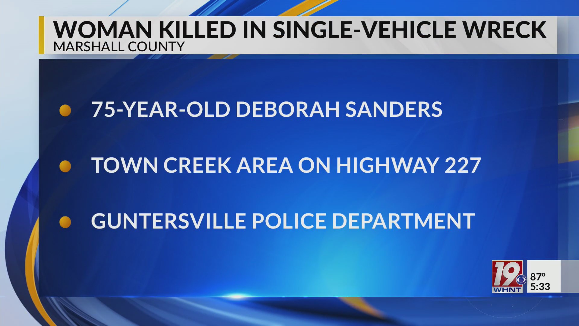 Woman Killed in Single-Vehicle Wreck | Sept. 14, 2025 | WHNT News 19 ...