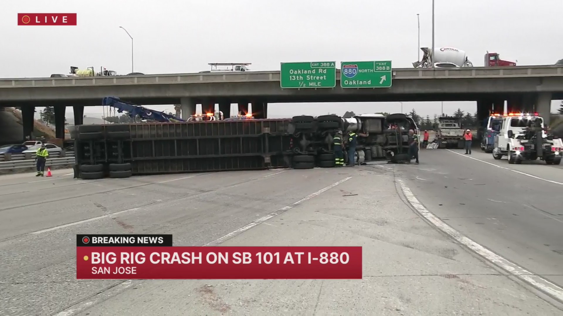 Overturned big rig closes lanes on SB 101 in San Jose Thursday – KRON4