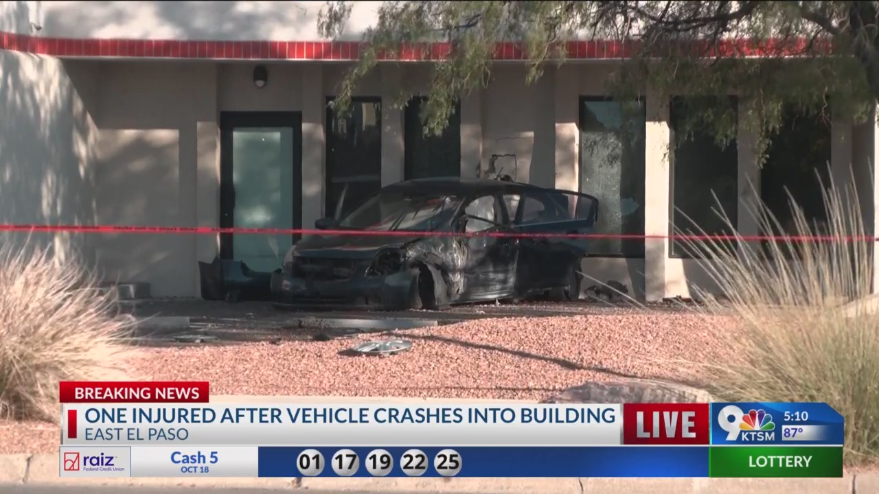 Aftermath of vehicle into building crash shows burned vehicle – KTSM 9 News