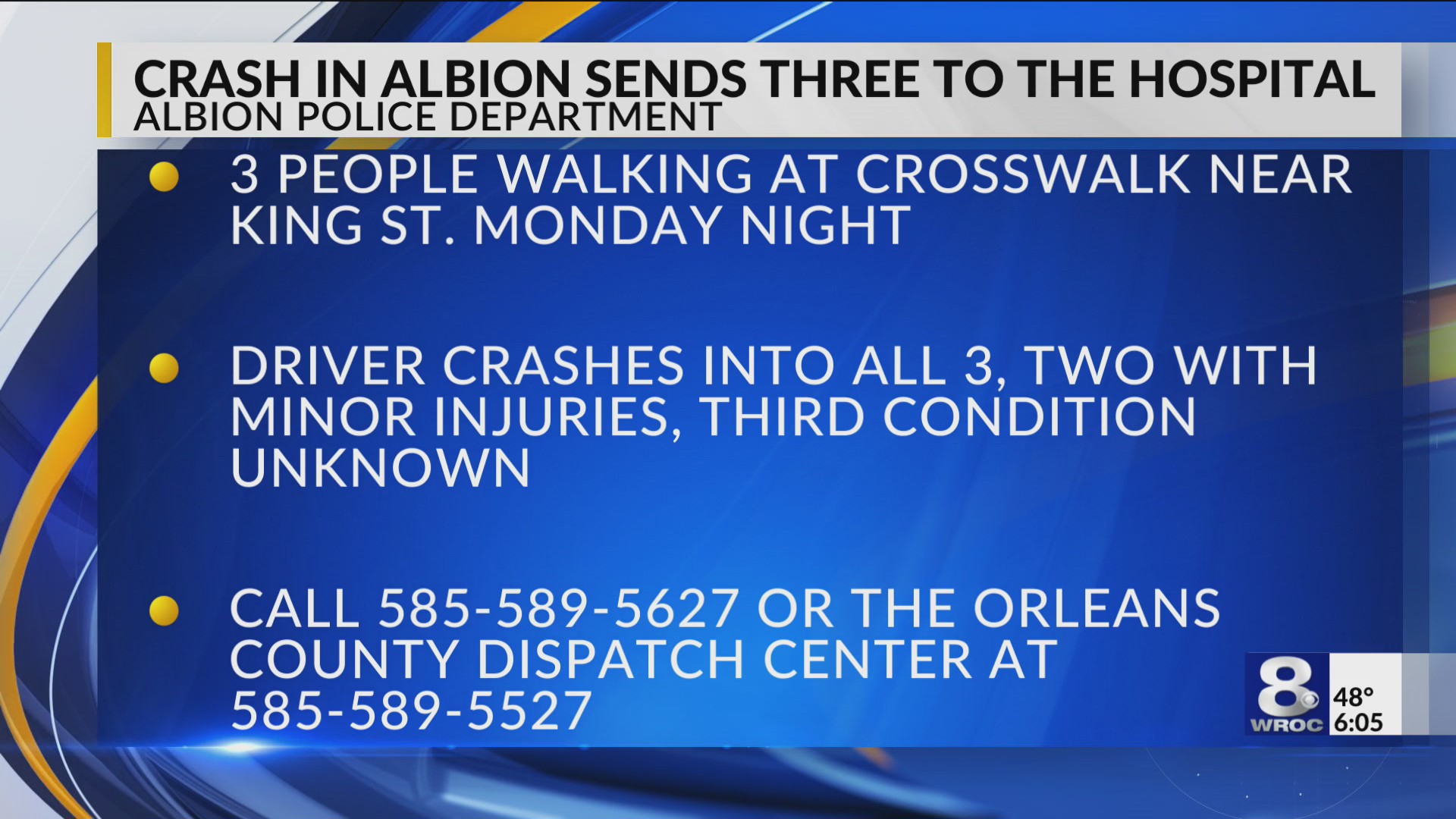 Three people injured after getting hit by vehicle in Albion