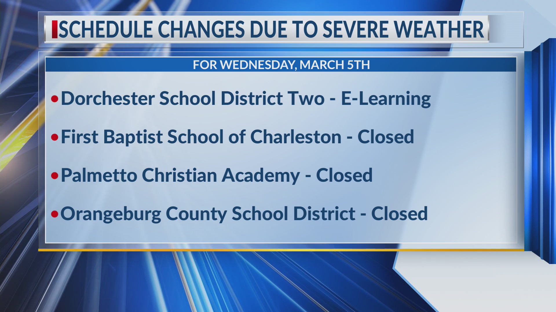 Lowcountry schools change schedule amid severe weather threat WCBD News 2