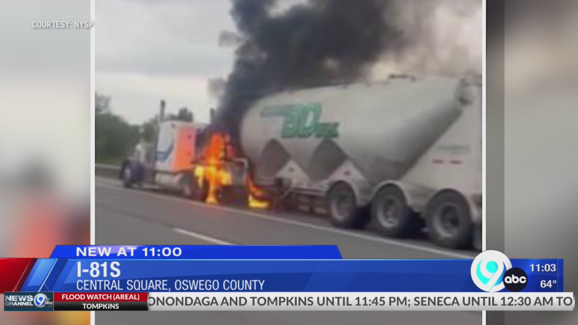 Tractor-trailer catches fire on I-81 south in Oswego County – WSYR