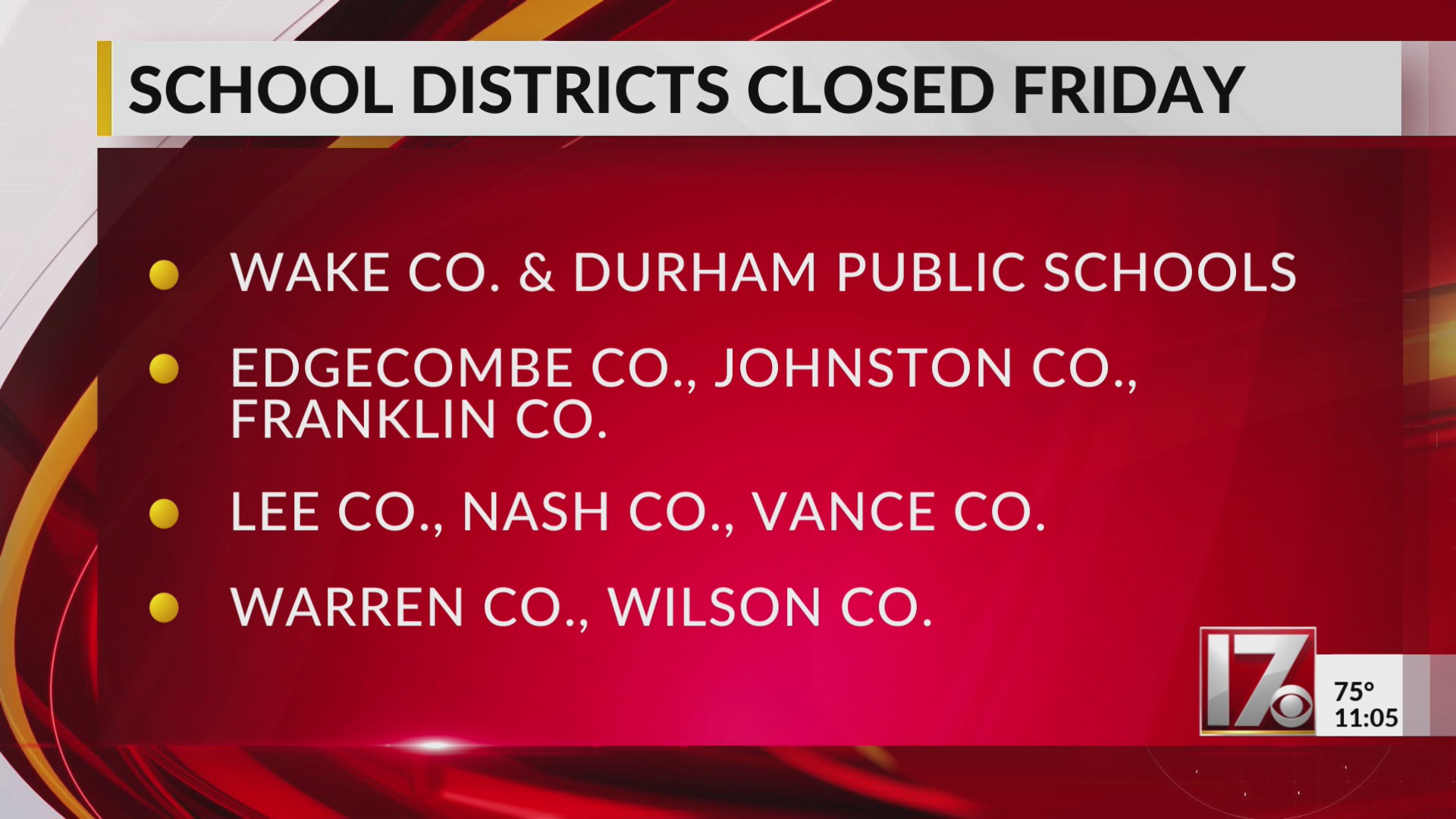 Several central NC school districts closed Friday – CBS17.com