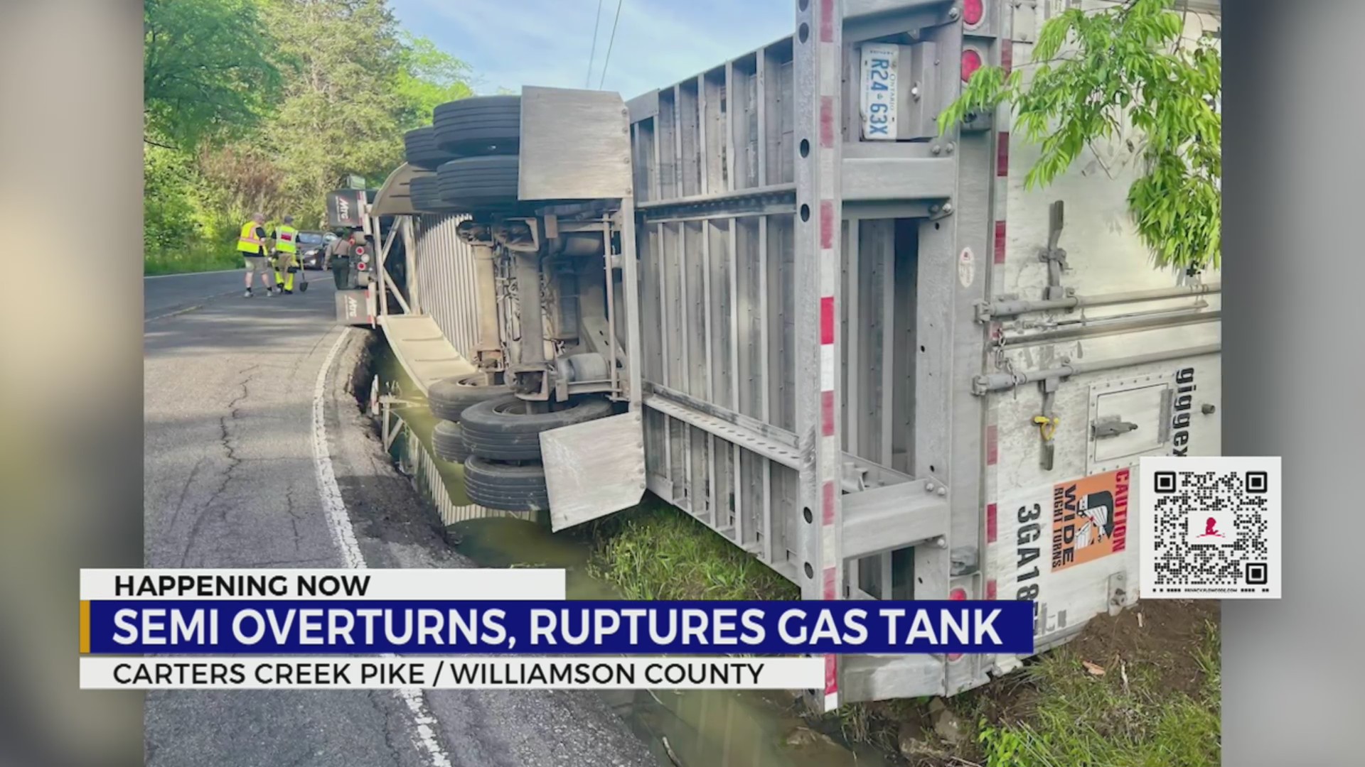 Semi overturns, ruptures gas tank in Williamson County – WKRN News 2