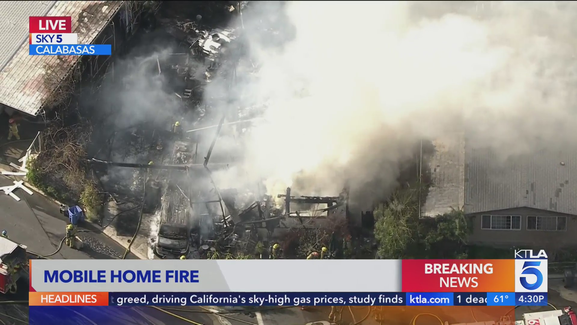 Firefighters battle mobile home blaze in Calabasas – KTLA