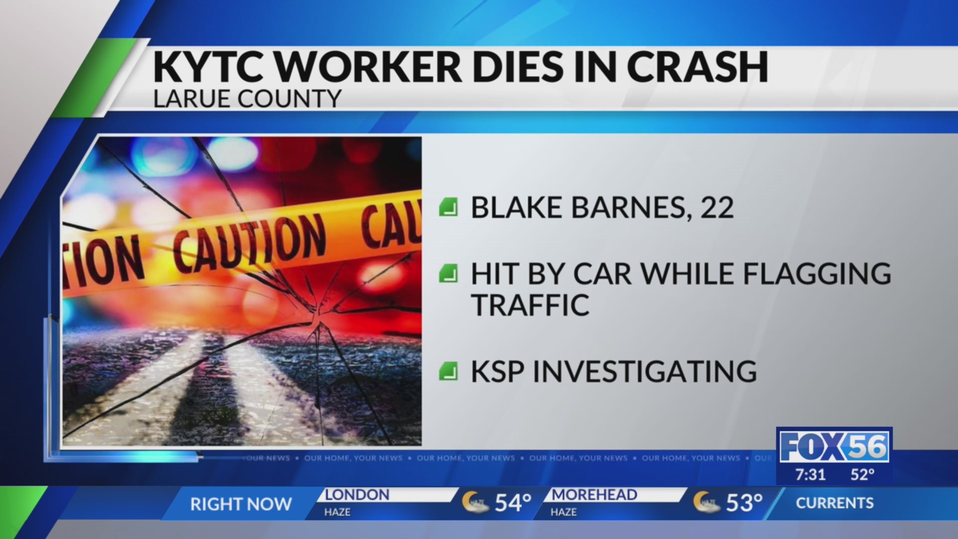 22-year-old Kentucky highway worker fatally struck in crash – FOX 56 News