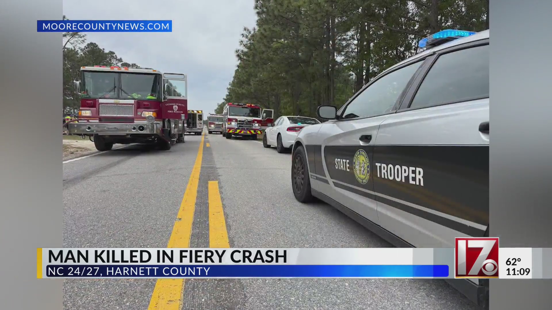 1 dead in fiery crash in Harnett Co. near Moore Co. – CBS17.com