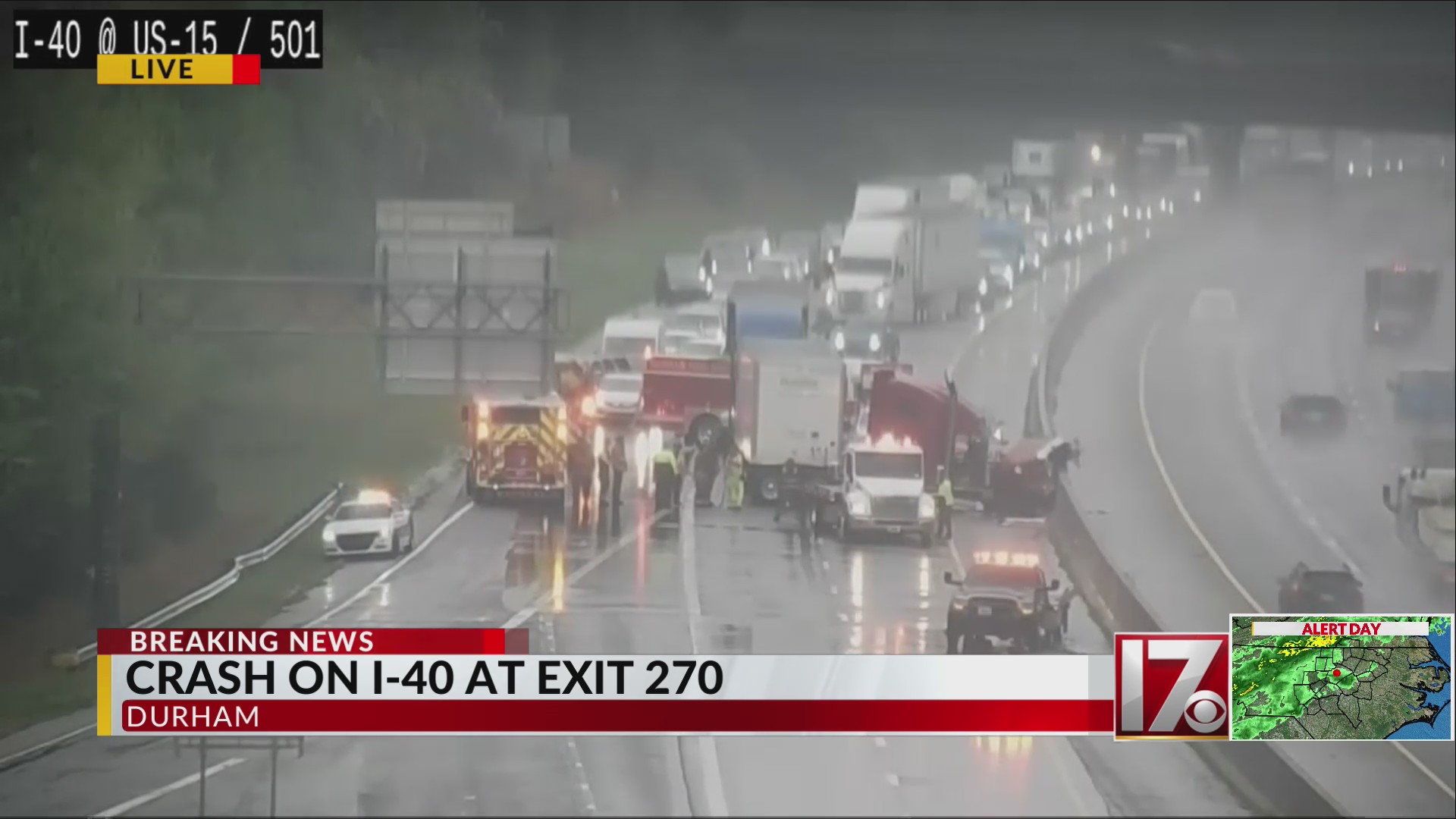Crash shuts down I-40 west in Durham amid rainy conditions – CBS17.com