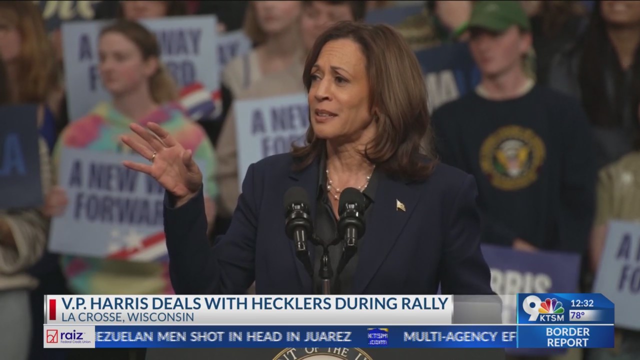 Vice President Harris deals with hecklers during rally in Wisconsin ...