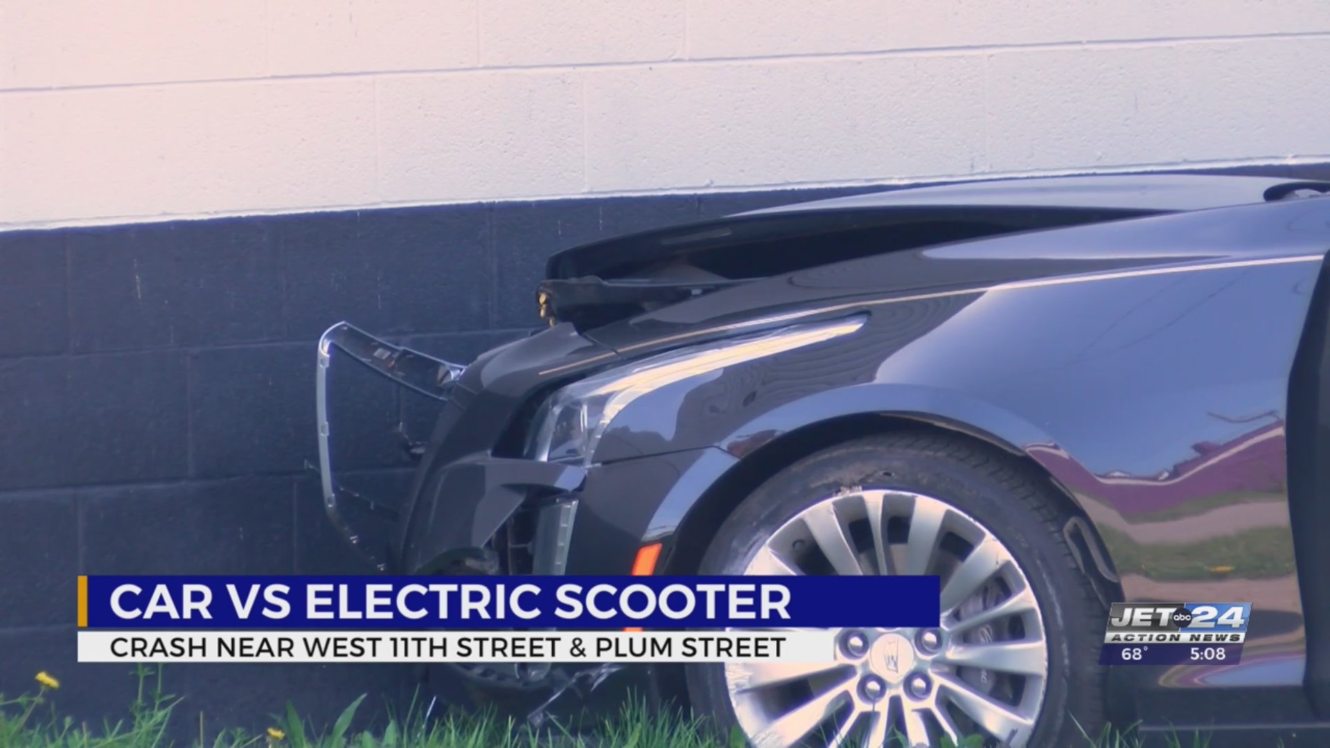 Car crashes into building after hitting man riding electric scooter ...