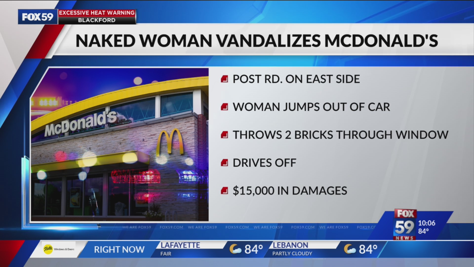 Indy police say naked woman threw bricks through McDonald’s windows