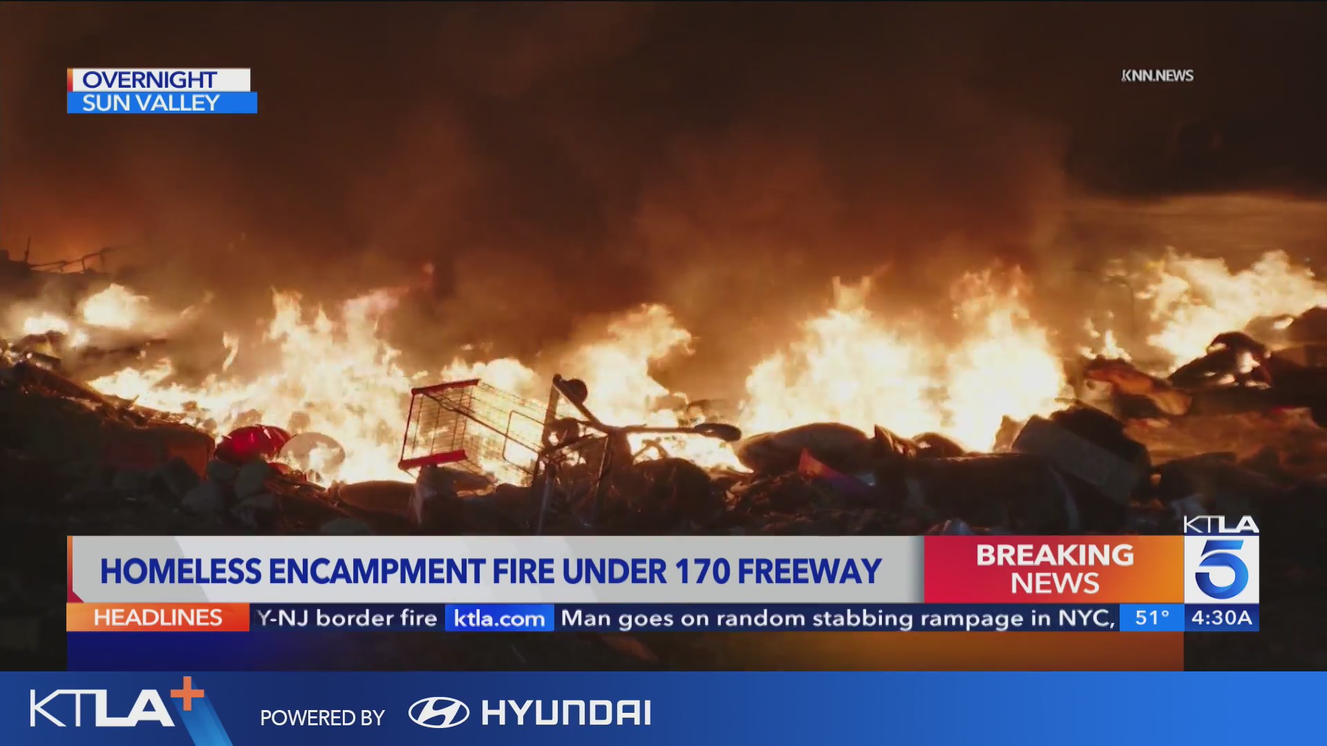 Homeless encampment erupts in flames under 170 Fwy – KTLA